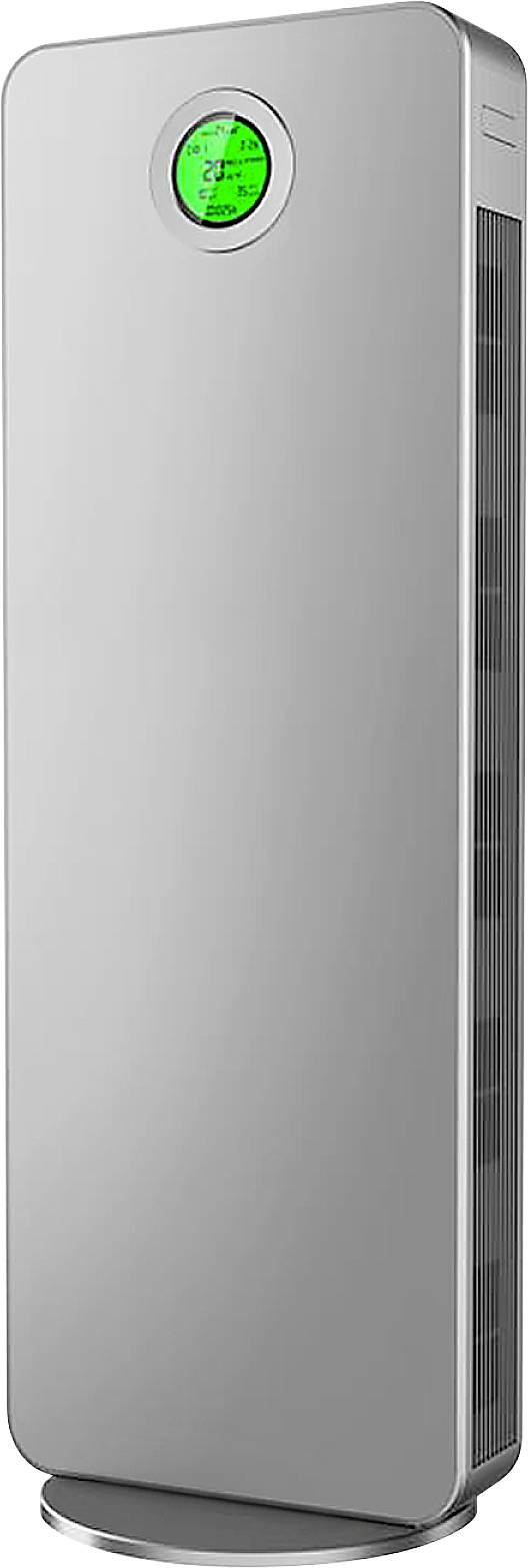 Un purificateur d'air élégant, argenté, doté d'un affichage numérique sur le dessus, indique des informations sur la qualité de l'air.