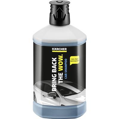 Bouteille de shampooing auto de Kärcher. Étiquette portant le texte 'Bring back the wow'. Contient un liquide bleu.