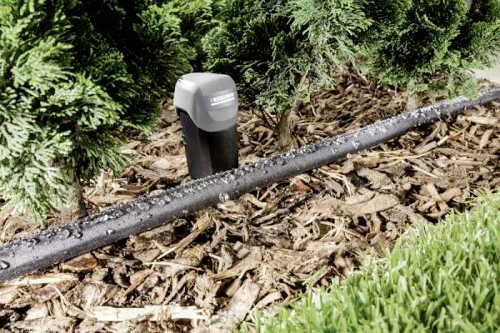 Système d'irrigation dans un jardin : Un tuyau goutte-à-goutte irrigue le sol avec des plantes en arrière-plan, permettant de distribuer l'eau de manière efficace.