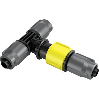 Raccord en T en plastique gris avec fixation jaune. Typiquement utilisé dans les systèmes d'irrigation.