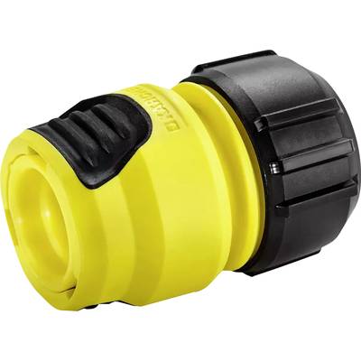 Connexion de tuyau d'eau jaune avec poignée noire, adaptée pour raccorder un tuyau d'arrosage à des accessoires ou à une source d'eau.