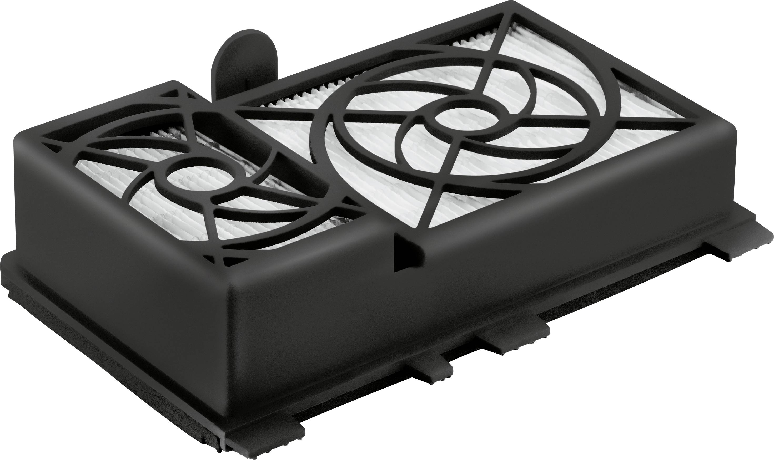 Boîtier en plastique noir rectangulaire avec système de double ventilation intégré.