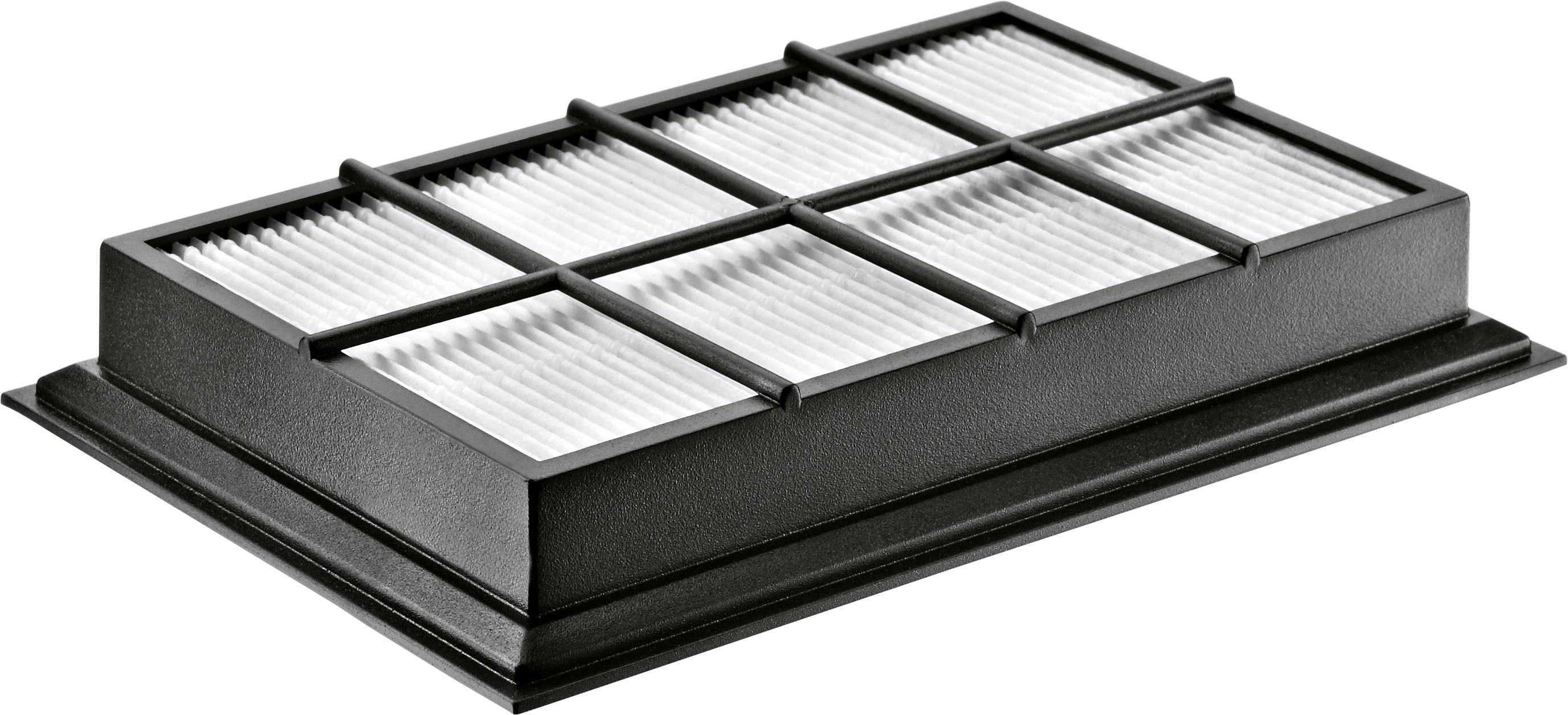 Un filtre à air rectangulaire avec un cadre noir et des plis blancs, souvent utilisé dans les purificateurs d'air ou les systèmes de climatisation.