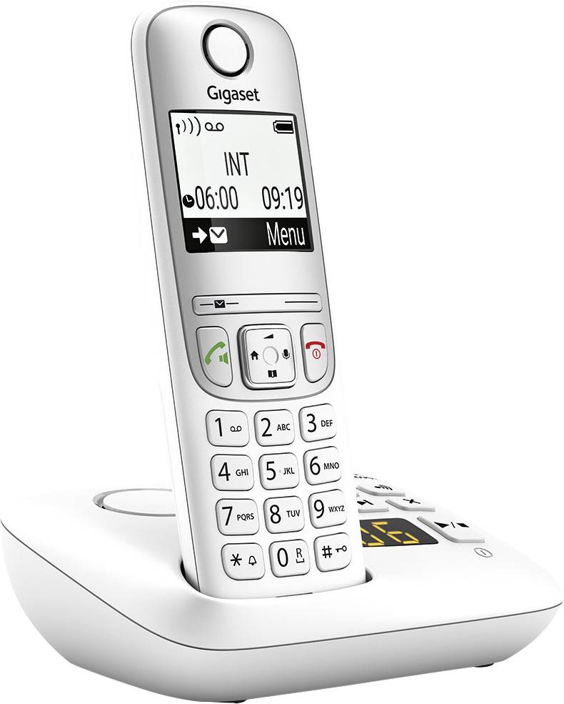 Un téléphone sans fil dans sa station de base. L'affichage montre l'heure et le mot 'Menu'. Le design est moderne et fonctionnel.