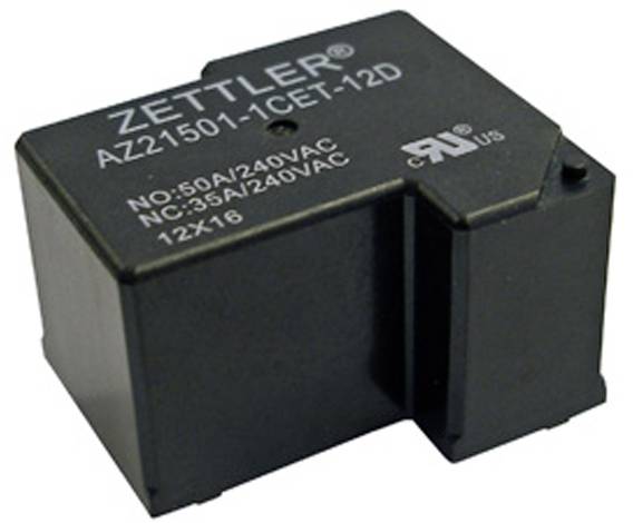 Relais Zettler noir avec l'inscription 'ZETTLER AZ21501-1CET-12D', spécifié pour 50A/240VCA et 35A/240VCA.