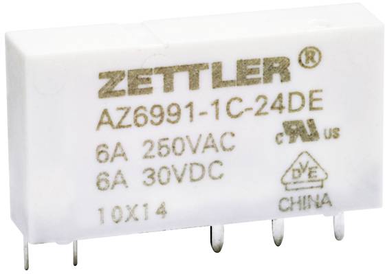 'Relais Zettler AZ6991-1C-24DE, 6A 250VCA, 6A 30VCC, Chine' sur un boîtier rectangulaire blanc avec des broches métalliques en dessous.