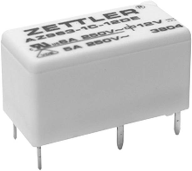 Composant Zettler blanc avec l'inscription 'AZ983-1C-12DE', tension '12V' et spécifications électriques. Possède quatre broches métalliques.