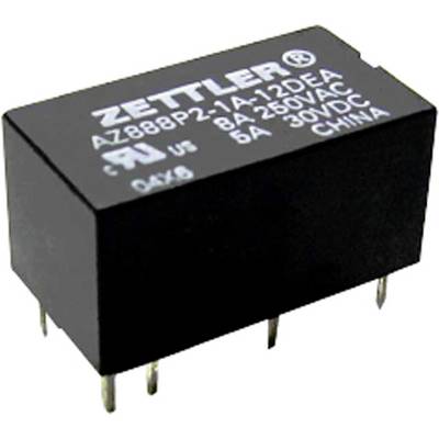 'Relais électrique noir de type Zettler AZ888P2-1A-12DEA, 8A 250VAC, 5A 30VDC, fabriqué en Chine, avec plusieurs bornes métalliques.'