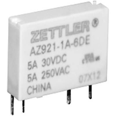 Un relais rectangulaire portant l'inscription 'Zettler AZ921-1A-6DE', spécifié avec '5A 30VDC' et '5A 250VAC', fabriqué en Chine.