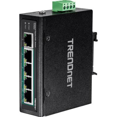 Un commutateur Ethernet noir avec cinq ports RJ-45 marqués en jaune et un bloc de connexion vert en haut pour l'alimentation électrique.