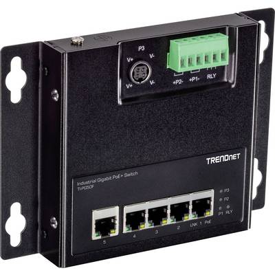 'Commutateur industriel Gigabit PoE+ de TRENDnet avec cinq ports Ethernet, adaptable aux murs ou aux armoires électriques.'