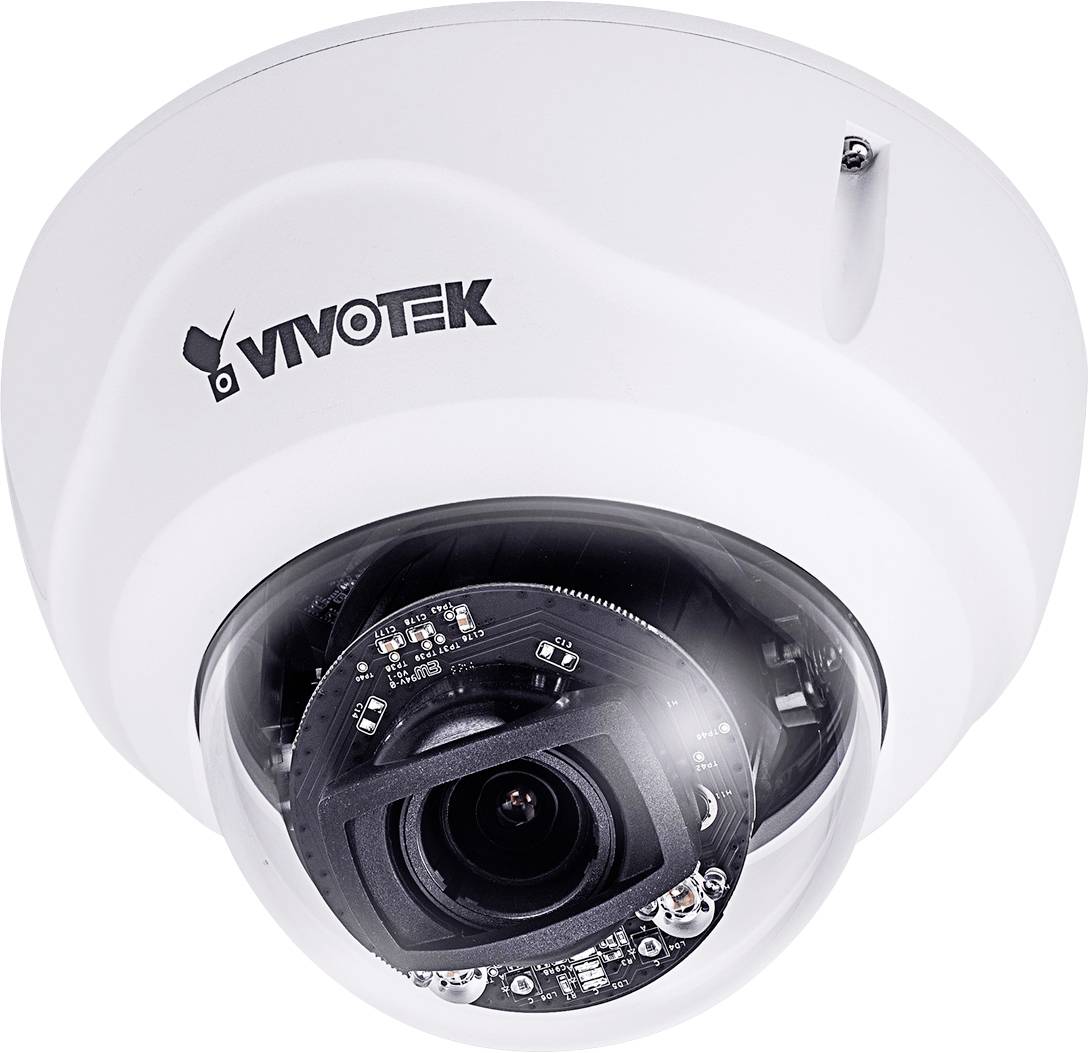 Une caméra de surveillance blanche et sphérique montée au plafond. L'objectif est visible derrière un couvercle transparent.