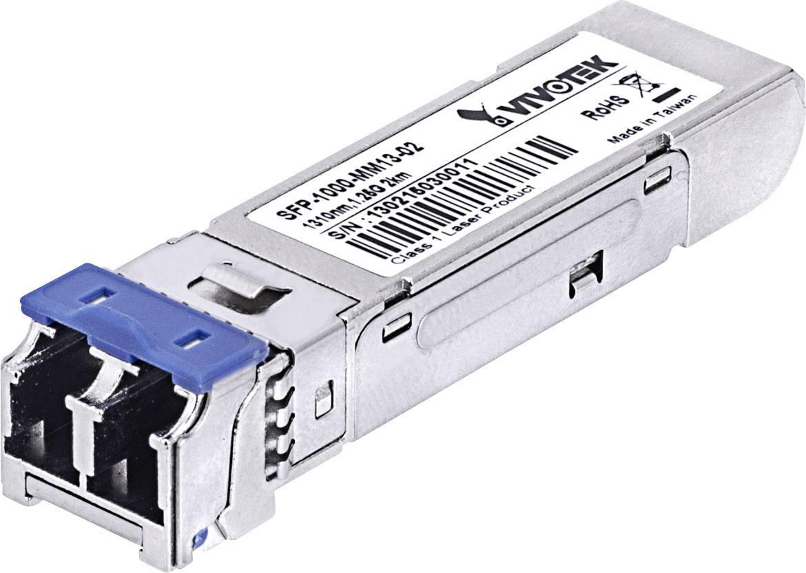 Un module SFP argenté avec un verrou bleu, étiqueté 'Vivotek'. Utilisé pour les interfaces réseau dans les systèmes de communication.