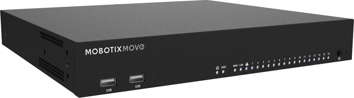 Enregistreur vidéo réseau noir 'Mobotix Move' avec plusieurs ports USB et voyants LED sur la façade avant.