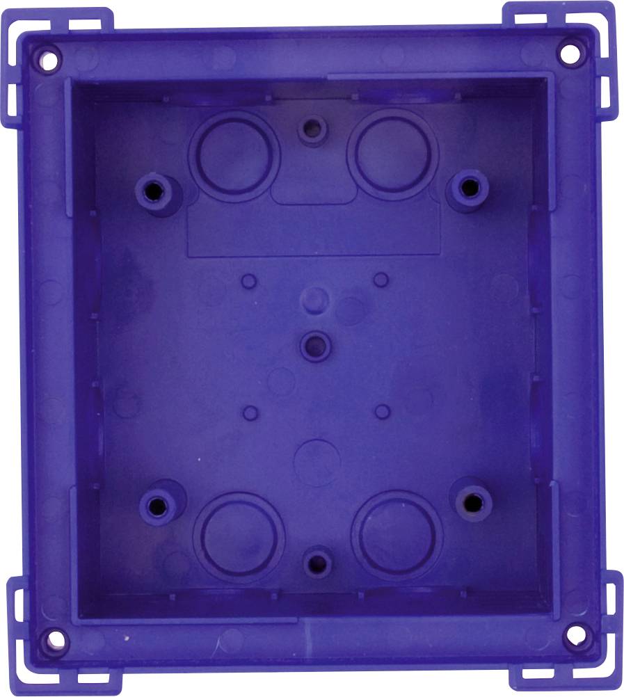 Boîtier rectangulaire bleu en plastique avec plusieurs cavités circulaires et trous, probablement destiné à des appareils électroniques.