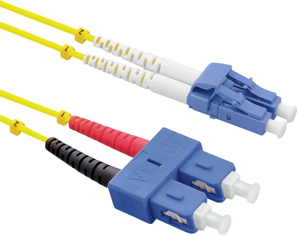 Deux câbles à fibre optique munis de connecteurs bleus, l'un avec un connecteur jaune et l'autre avec des câbles rouge et noir, chacun numéroté.