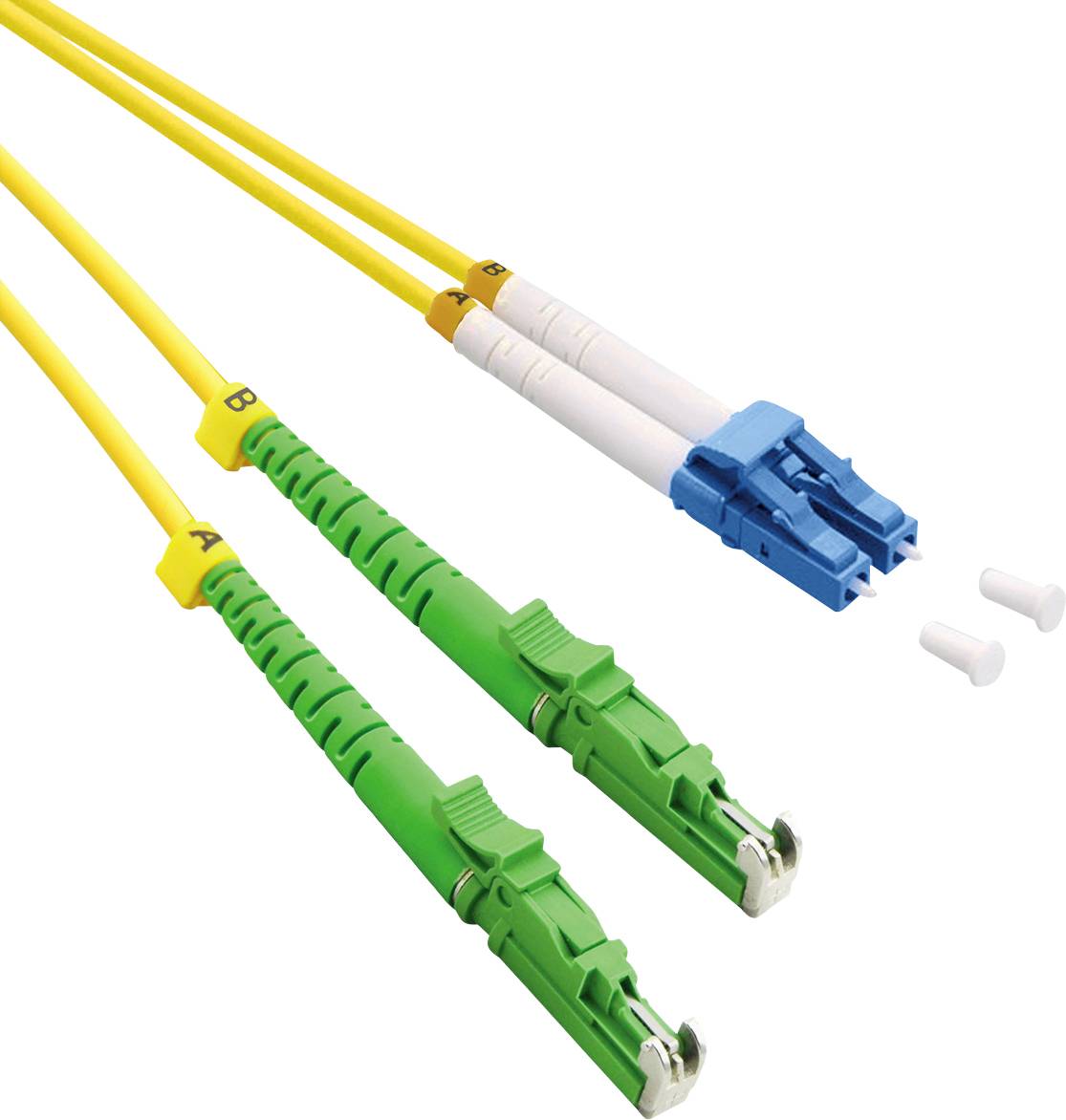 Deux câbles à fibre optique jaunes avec des connecteurs verts et bleus, marqués 'A' et 'B', sur un fond blanc.