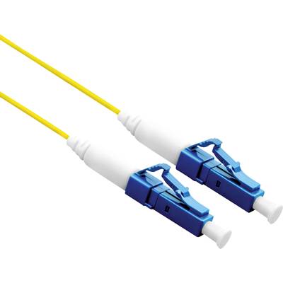 Deux câbles à fibre optique avec des connecteurs bleus à chaque extrémité, reliés par un câble jaune. Ils sont fréquemment utilisés dans les réseaux.