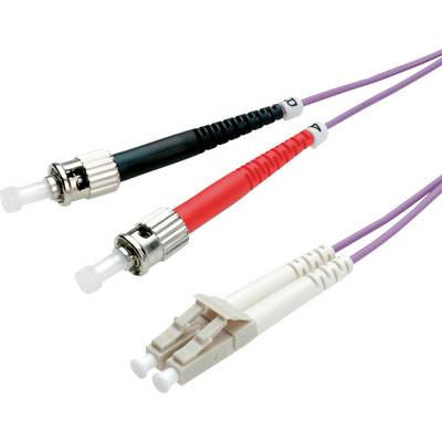 Deux connecteurs à fibre optique, l'un noir et l'autre rouge, avec des connexions sur des câbles violets. Ils sont destinés à la transmission de données par fibre optique.