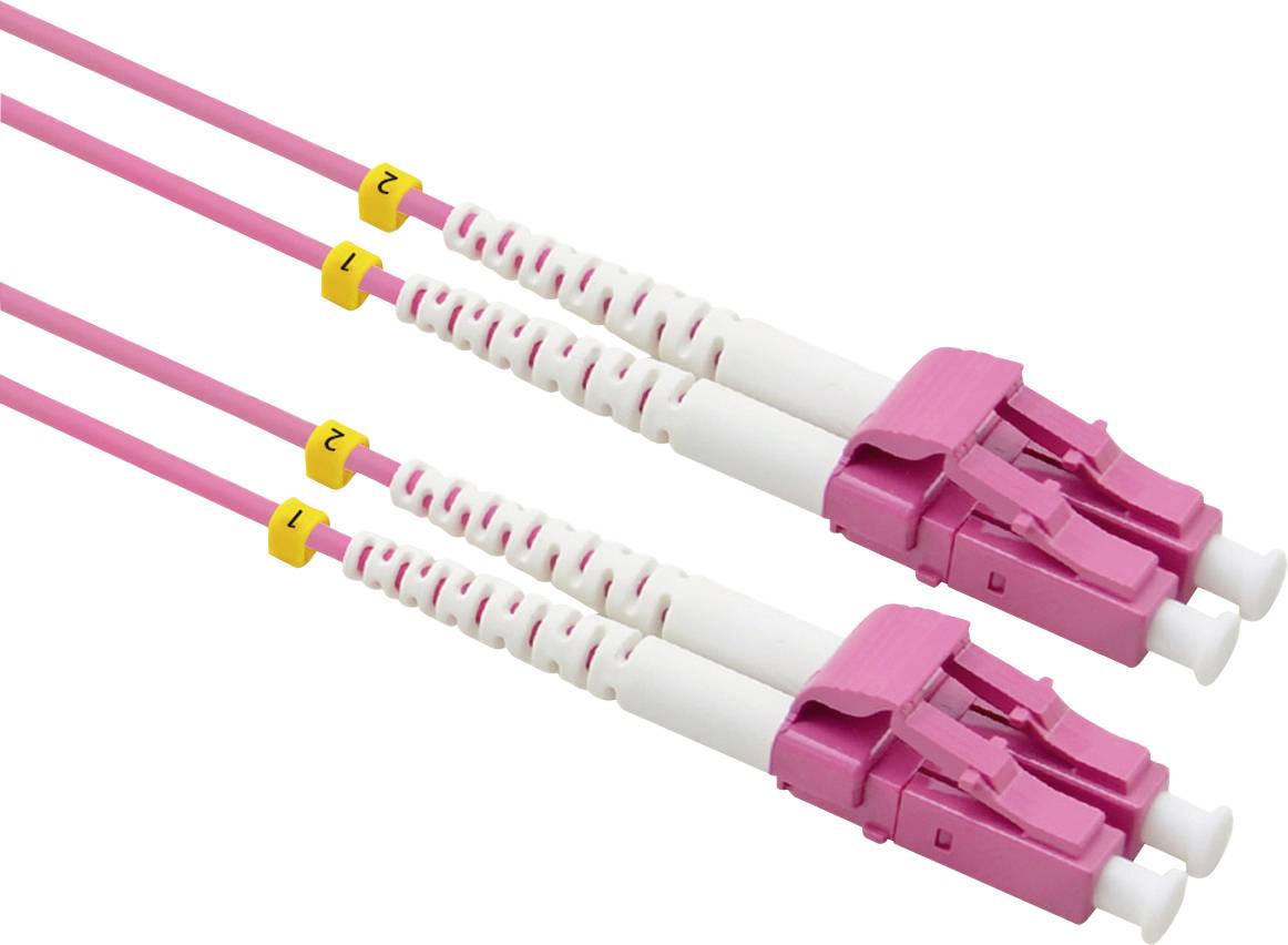 Deux câbles à fibre optique duplex LC-LC roses avec des marquages numériques jaunes pointant vers les connecteurs d'extrémité.