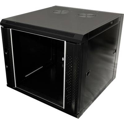 Un rack serveur noir et vide en métal, montré en perspective depuis l'avant-gauche, avec des fentes de ventilation et des portes frontales ouvrantes.