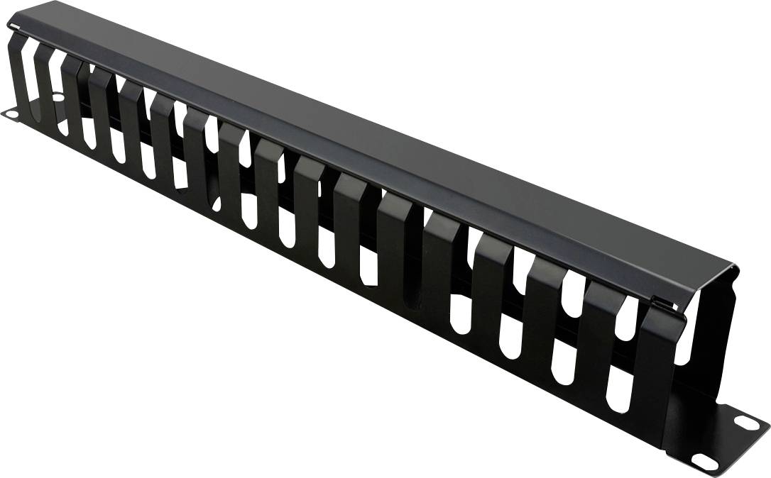 Un organisateur de câbles noir en métal avec des fermoirs en plastique pour la gestion des câbles dans un rack de serveur ou une armoire réseau.