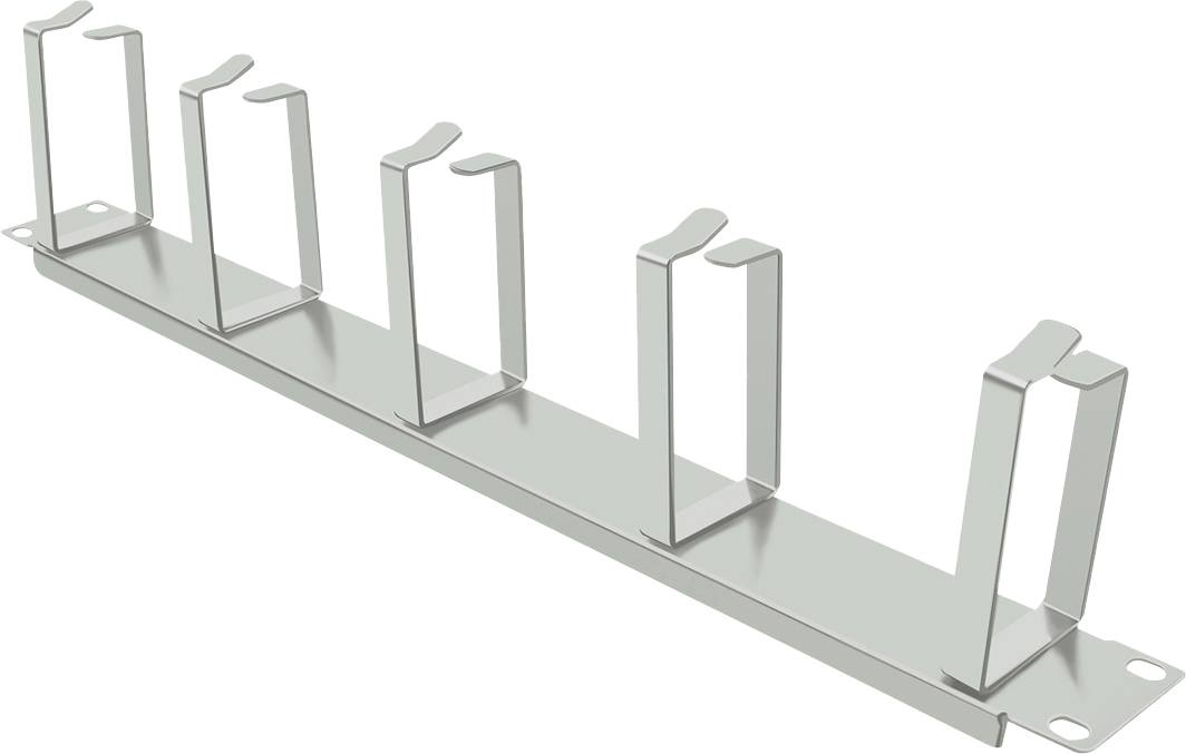 Étagère métallique à cinq supports verticaux, utilisée pour l'organisation des câbles dans des environnements techniques.