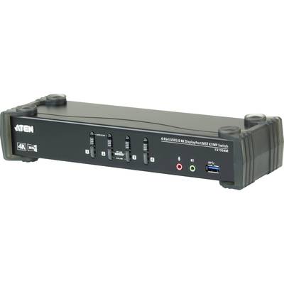 Commutateur KVM DisplayPort 4K USB à 4 ports ATEN, présentant plusieurs ports et boutons de contrôle. Gestion multiappareil haute résolution.