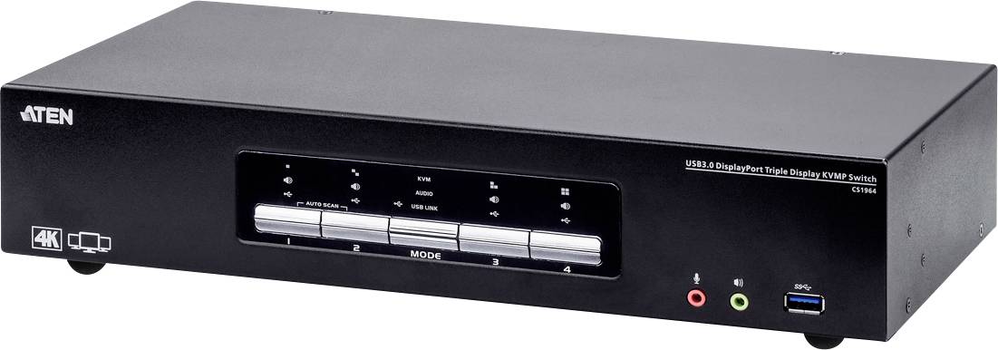 Un commutateur KVM noir d'ATEN avec plusieurs ports, prenant en charge la résolution 4K. La face avant présente les ports et les boutons de commande.