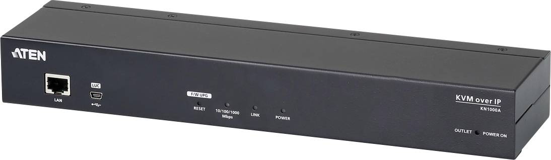 Un appareil KVM sur IP noir d'ATEN avec des connexions pour fiches réseau et USB. Des voyants LED indiquent l'état du réseau et de l'alimentation.