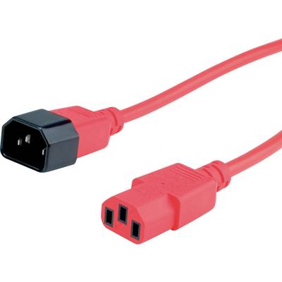 Un câble d'alimentation rouge avec une prise femelle C13 et une prise mâle C14. Couramment utilisé pour les connexions électriques.