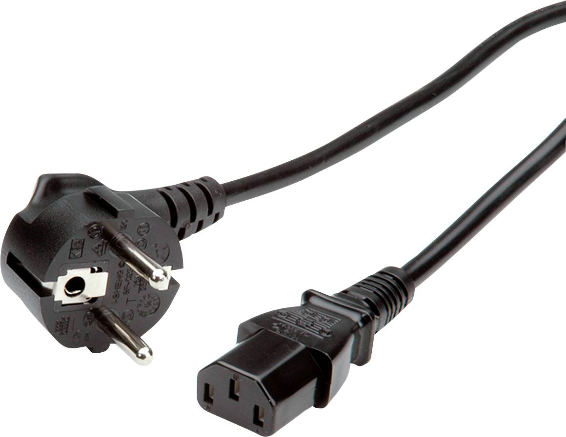 Une rallonge réseau noire avec une fiche Schuko sur le côté gauche et un coupleur IEC-320-C13 sur le côté droit.