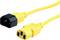 Câble réseau jaune avec fiche noire et prise jaune ; utilisé pour l'alimentation électrique des appareils électroniques.