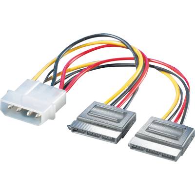 Un adaptateur de câble avec une fiche blanche à 4 broches et deux connecteurs d'alimentation SATA noirs pour brancher simultanément des périphériques.