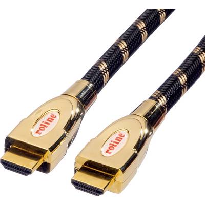 Deux câbles HDMI dorés avec gaine noire et logo roline, adaptés pour des transmissions haute résolution.