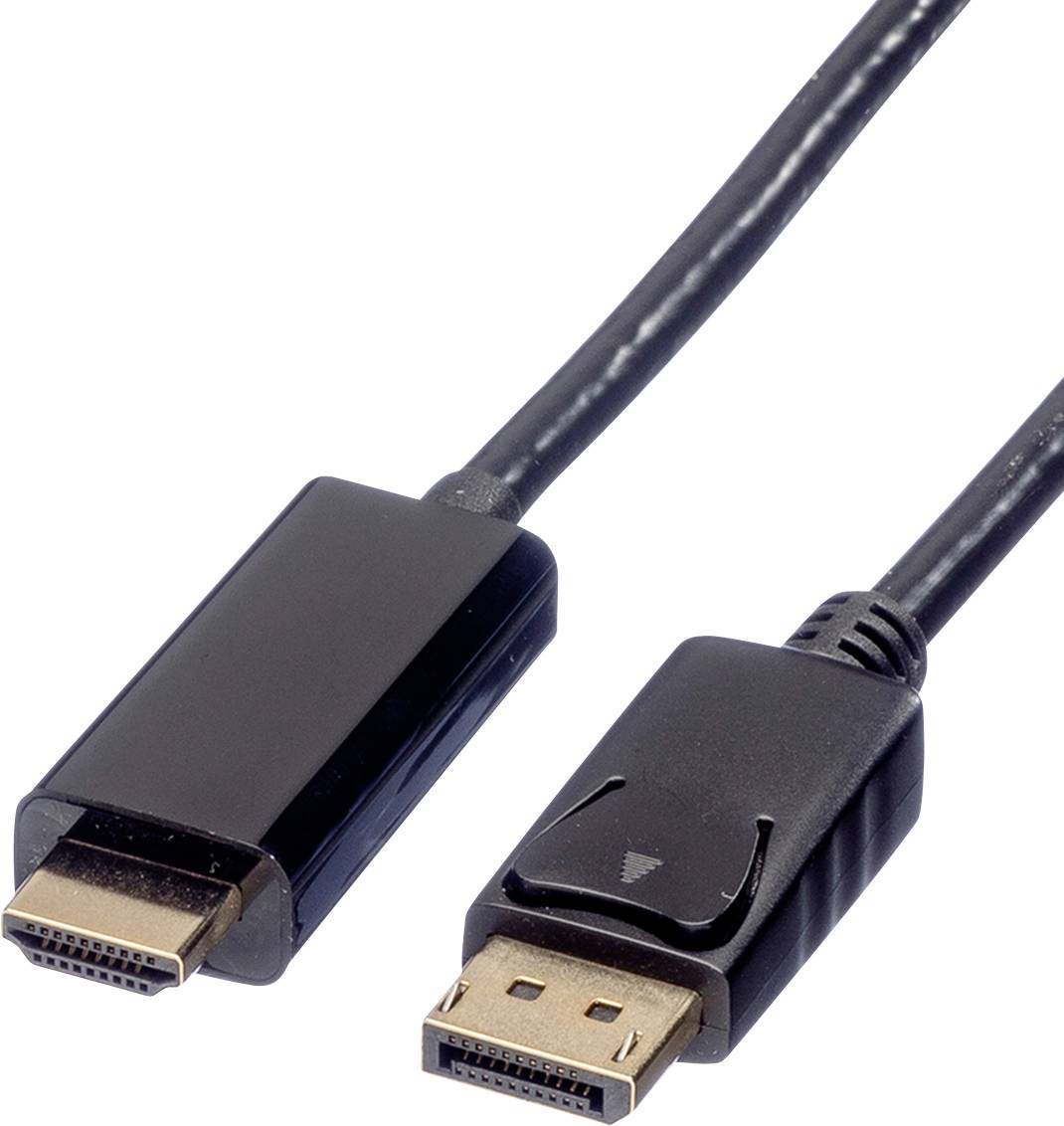 Un câble noir avec des connecteurs HDMI et DisplayPort, utilisé pour relier des ordinateurs à des moniteurs ou des écrans.