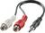 Un câble audio doté de deux connecteurs RCA (rouge et blanc) et d'une fiche jack 3,5 mm ; utilisé pour connecter des appareils audio.