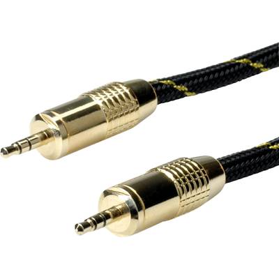 Deux fiches jack stéréo dorées de 3,5 mm sur un câble tressé, utilisées pour la reproduction audio.