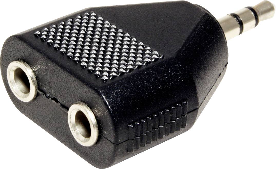 Adaptateur audio noir avec une fiche de 3,5 mm et deux ports.