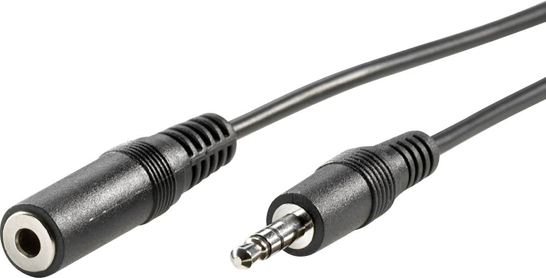 Un câble d'extension audio noir avec une fiche mâle de 3,5 mm et une prise femelle de 3,5 mm.