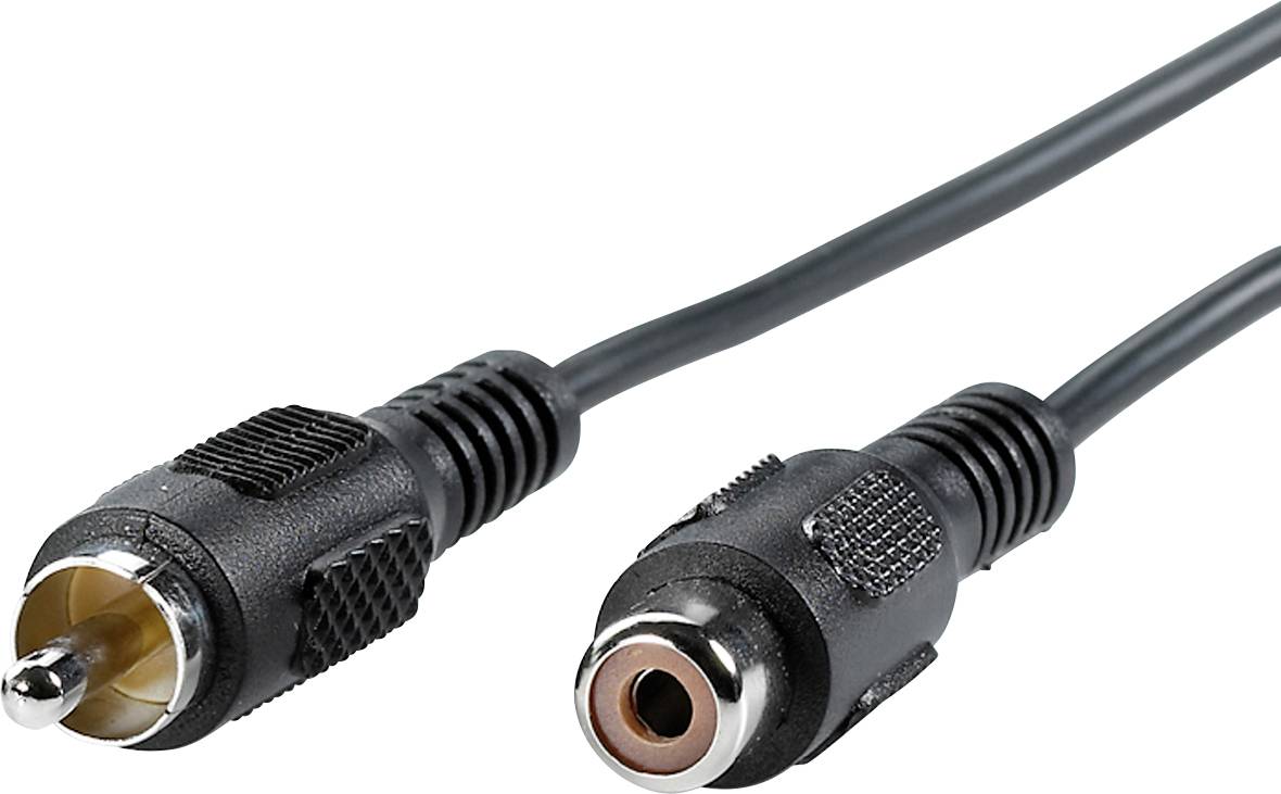 'Une fiche RCA, connectée à un adaptateur femelle RCA, sur un fond neutre.'