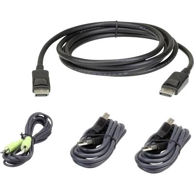Un ensemble de quatre câbles : un câble DisplayPort, deux câbles USB et un câble audio avec une fiche verte.