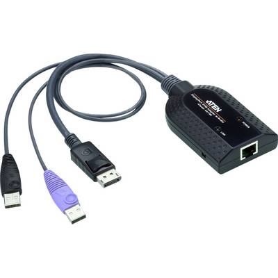 Appareil électronique doté d'un câble USB, d'une prise DisplayPort et d'un port Ethernet RJ45, adapté aux connexions informatiques.