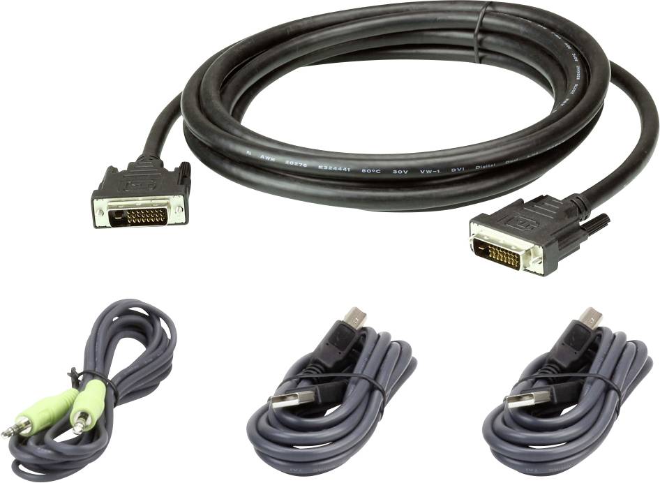 Un câble DVI en haut, en dessous un câble audio vert et deux câbles USB. Tous ces câbles sont adaptés pour connecter des appareils.