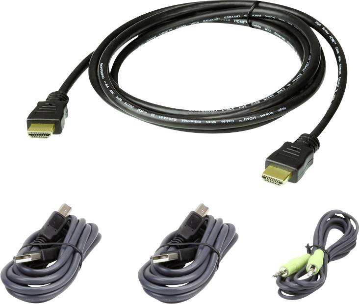Un câble HDMI, deux câbles USB et un câble audio avec deux fiches vertes sur fond blanc.