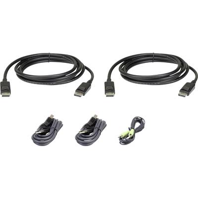 Deux câbles DisplayPort et trois câbles USB, dont un avec des connecteurs verts et noirs.