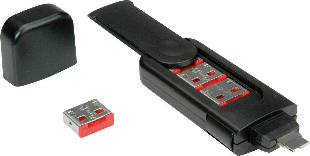 Une clé USB noire avec un capuchon amovible est posée à côté d'un petit adaptateur carré, tous deux en rouge et noir.