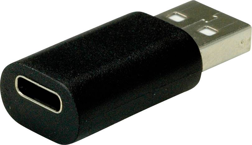 Adaptateur USB-C vers USB-A, noir, corps rectangulaire plat avec deux extrémités de connexion différentes, permet la connexion entre des appareils de types USB différents.