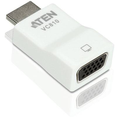 Un adaptateur blanc HDMI vers VGA portant l'inscription 'ATEN VC810', conçu pour la sortie de contenus HD sur des écrans analogiques.