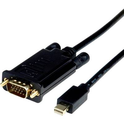 Un adaptateur de câble noir de VGA à DisplayPort. À gauche, le connecteur VGA avec des bornes dorées, à droite, le connecteur DisplayPort plus petit.
